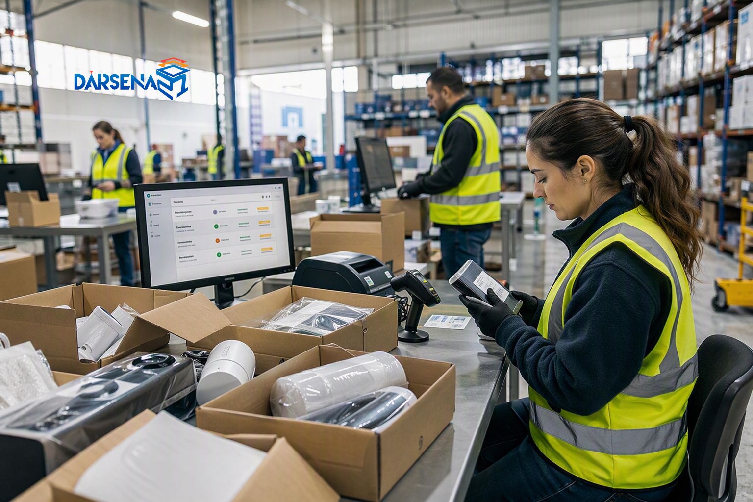 Operaria revisando productos en un proceso de reacondicionamiento de devoluciones en almacén logístico.