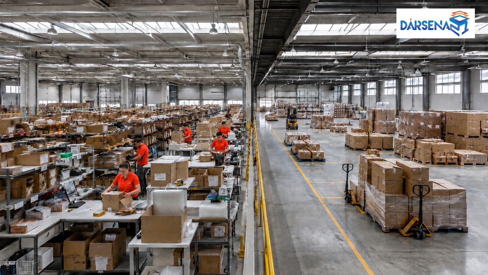 Operativa de fulfillment B2B y B2C con preparación de paquetes, cajas y palés en un centro logístico.