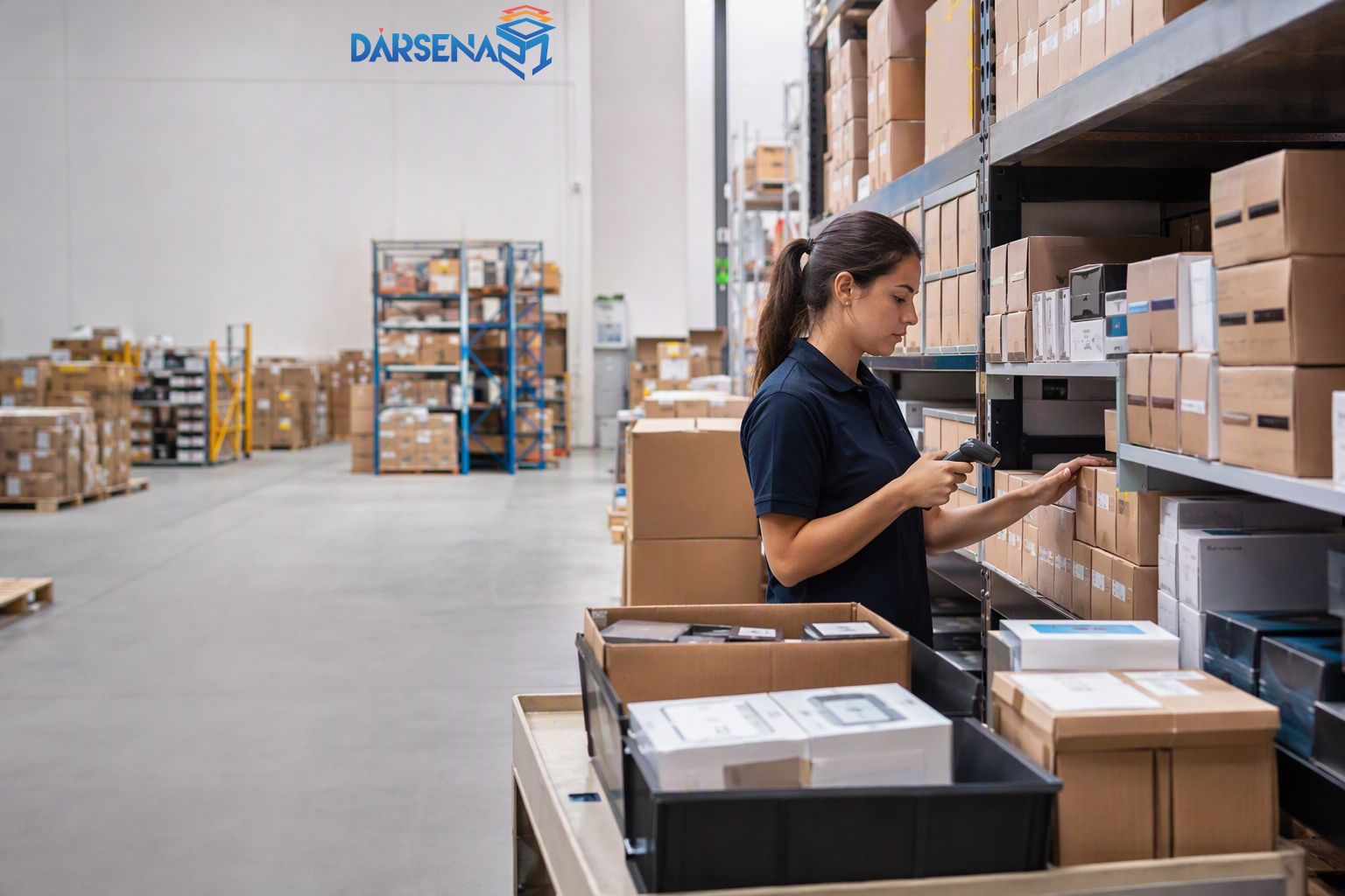 Operaria escanea cajas de productos electrónicos en una estantería de almacén.