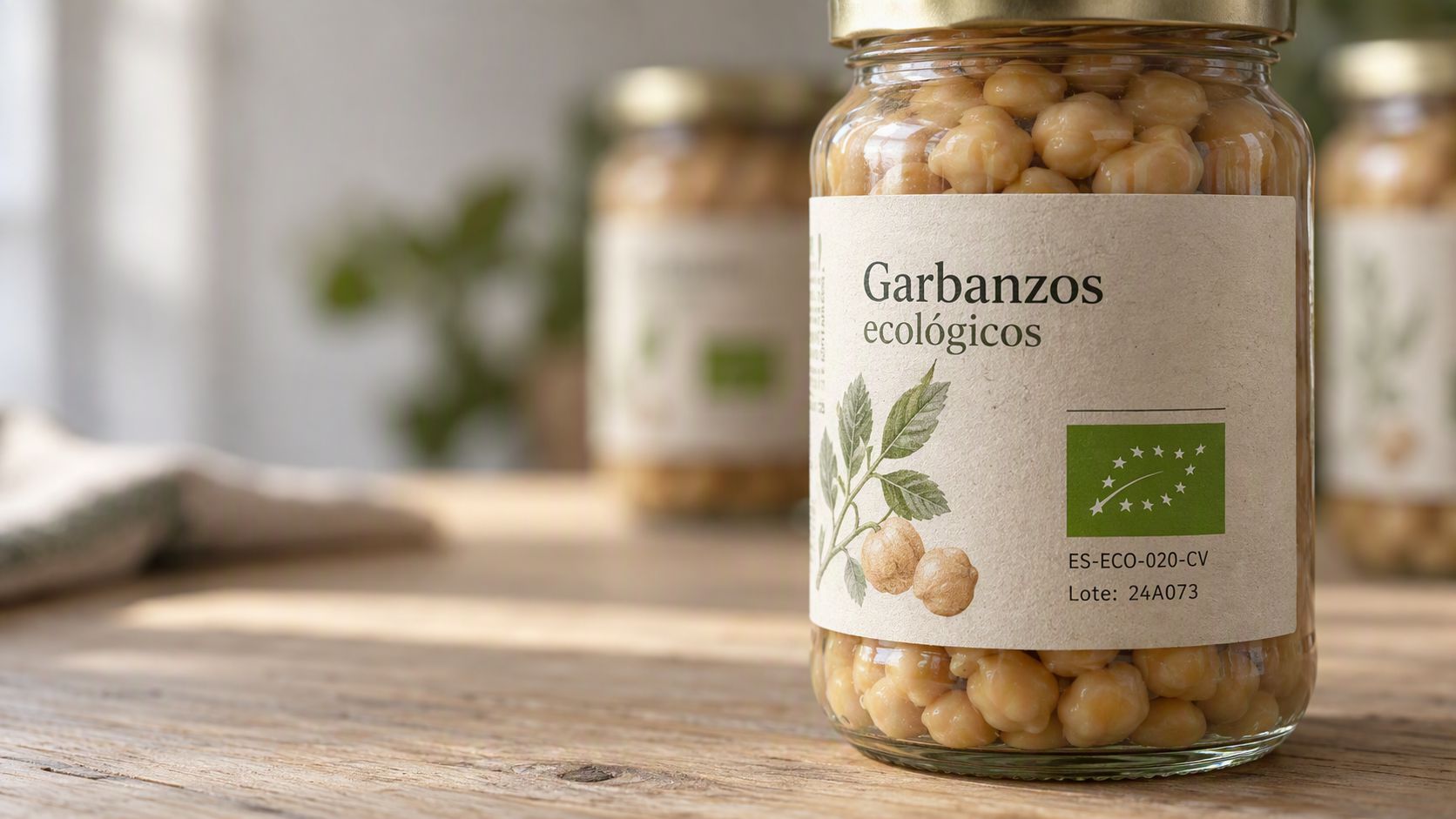 Primer plano de un tarro de garbanzos ecológicos con la Eurohoja y el número de lote visibles en la etiqueta.