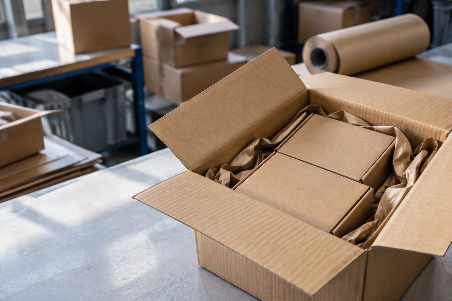 Caja de cartón abierta con productos ajustados y protección de papel kraft sobre una mesa de picking